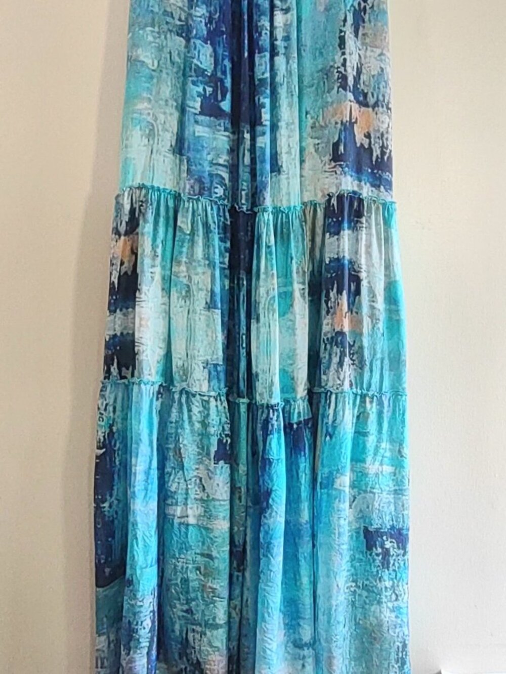 Johnny Was Mint Tiered Silk Maxi Dress Size Large Sea Blue Boho Chic Beach - Picture 10 of 15